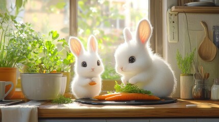 Adorable White Rabbits Enjoying Carrots in Sunny Kitchen