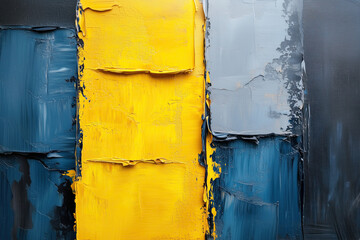 Abstrakte Farbfl&auml;chen in Gelb, Grau, Blau und Schwarz mit kr&auml;ftigen Pinselstrichen und Palettenmesser auf Leinwand - &Ouml;lmalerei