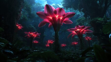 Naklejka premium A dreamlike forest scene where giant, exotic flowers tower above the trees