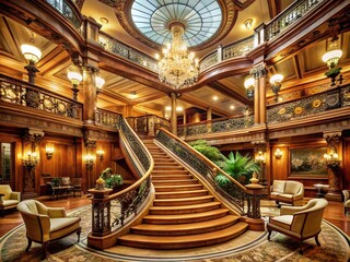 Fototapeta premium Majestic ocean liner with intricate grand staircase, ornate furnishings, and lavish decorations, evoking luxury and