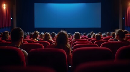 Obraz premium Captivated Audience Awaits the Silver Screen: A packed cinema awaits the start of a film, the anticipation palpable in the air. 