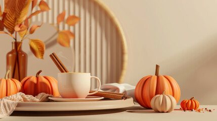 Autumn Coffee Cup with Pumpkins and Cinnamon Sticks