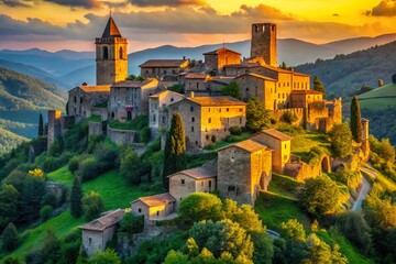 Majestic stone towers rise from a lush green hillside, their rugged, weathered facades glowing golden in the soft