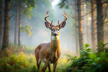 Fototapeta premium Majestic white-tailed deer stands amidst a serene misty forest, its delicate features and gentle gaze evoking a sense