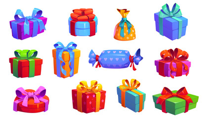 Cartoon Christmas and birthday holiday gift boxes. Vector set of presents with bows and colorful wrapping, for valentines day, xmas or festive event celebration of square, circular and candy shapes