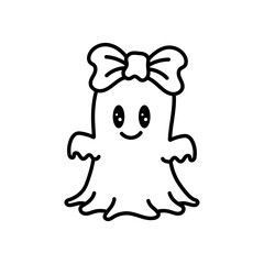 Retro Cute Halloween Ghost Outline with Bow, Boo Ghost Illustration