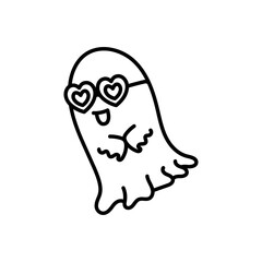 Retro Cute Halloween Ghost Outline with Heart Glasses, Boo Ghost Illustration