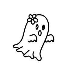 Retro Cute Halloween Ghost Outline with Flower, Boo Ghost Illustration