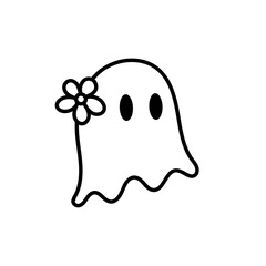 Retro Cute Halloween Ghost Outline with Flower, Boo Ghost Illustration