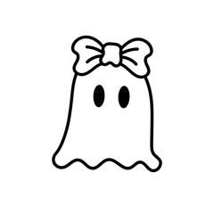 Retro Cute Halloween Ghost Outline with Bow, Boo Ghost Illustration