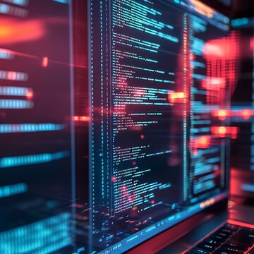 Close-up of a laptop screen displaying lines of code in a dark room.