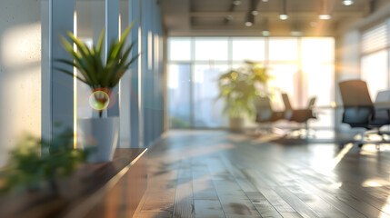 Fototapeta premium Beautiful blurred background of a light, modern office interior with panoramic windows and elegant lighting