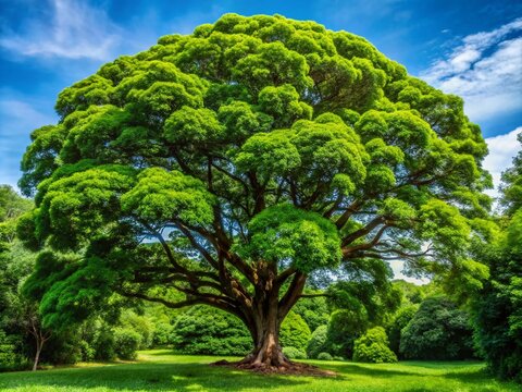 Mature Strychnine tree with vibrant green leaves and picturesque branches stands tall in a lush forest, its toxic