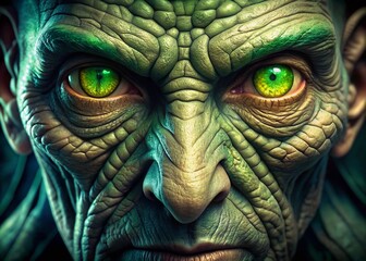 Menacing glowing green eyes with vertical pupils stare out of darkness, surrounded by wrinkled scaly skin, evoking a