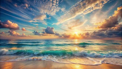 Soft, ethereal brushstrokes evoke a peaceful ocean scene, with gentle waves and soothing colors blending harmoniously to create a calming, dreamy atmosphere.