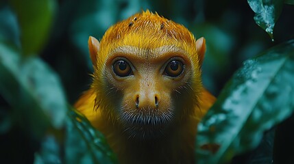 Fototapeta premium A close-up of a small monkey with bright yellow fur and big brown eyes staring directly at the camera.