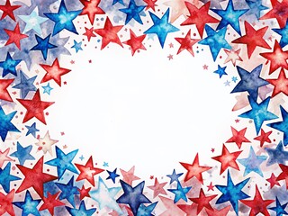 Fototapeta premium Vibrant watercolor star border with bold red, white, and blue hues, perfect for patriotic holidays, featuring a blank center for customization and personal messages.