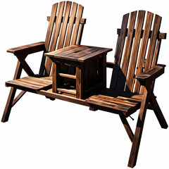 a large wooden chair with two seats isolated on white background