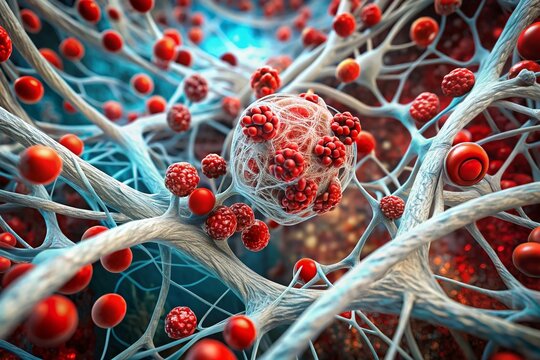 Microscopic view of a blood clot, displaying a tangled network of fibrin strands and entrapped red and white