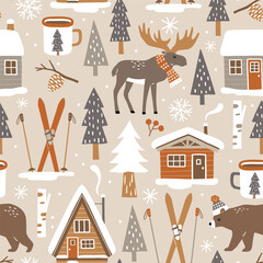 Cotton fabric Hand drawn seamless vector pattern with forest animals and pine trees. Snowy winter woodland landscape with cute moose, bear and ski lodge. EPS 10 vector file. Perfect for textile, wallpaper, print. 