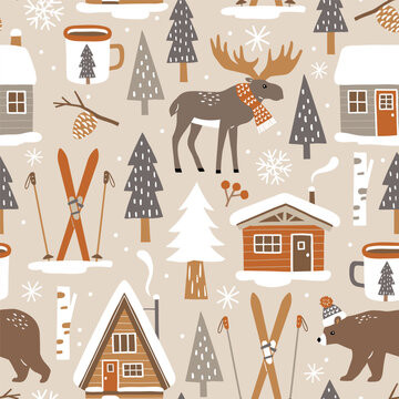 Hand drawn seamless vector pattern with forest animals and pine trees. Snowy winter woodland landscape with cute moose, bear and ski lodge. EPS 10 vector file. Perfect for textile, wallpaper, print. 