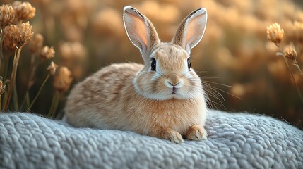 Fototapeta premium A cute brown bunny rabbit sits on a soft knitted blanket in a field of wildflowers.