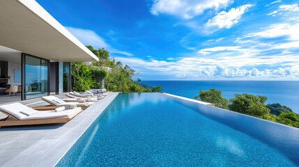 Fototapeta premium Sunny Villa Terrace Featuring Pool and Sea Views