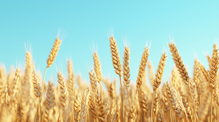 Fototapeta premium A field of golden wheat sways gently under a clear blue sky, showcasing nature's bounty and the beauty of agriculture.