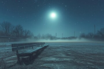moonlit baseball field eerie shadows cast by empty bleachers abandoned diamond glows softly under starry sky atmospheric fog creeps across outfield creating haunting ambiance