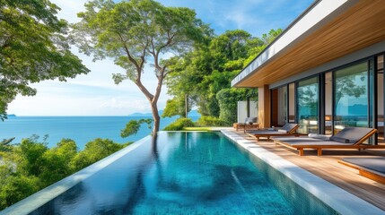 Fototapeta premium Idyllic Summer Villa with Pool and Expansive Sea View