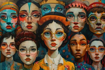 Obraz premium Vibrant Multicultural Portraits: Artistic Expressions of Diverse Faces in Modern Illustration