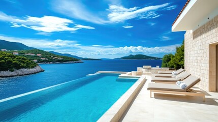 Fototapeta premium Serene Summer Escape: Terrace with Pool and Breathtaking Sea Views