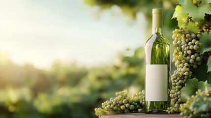 Fototapeta premium A serene image showcasing a bottle of white wine amidst lush green grapevines, symbolizing freshness and the beauty of nature.
