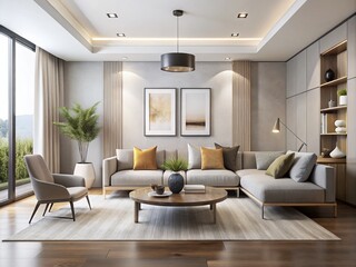 Minimalist living room with sleek lines, monochromatic palette, and abstract art pieces, evoking a sense of simplicity,