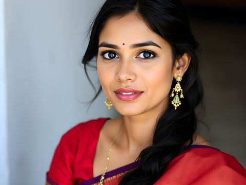Indian women in red saree, close up photo