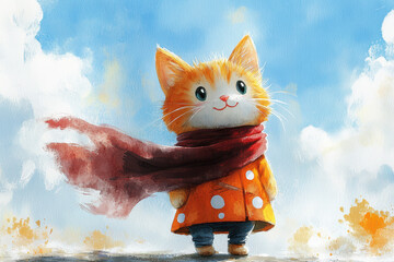A cute smiling red and yellow cat dressed in robes with white dots, wearing an oversized maroon cape that is blowing back from the wind, painted by children using watercolor paint on paper.