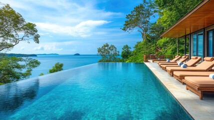 Fototapeta premium Gorgeous Villa Terrace with Sparkling Pool and Expansive Sea View