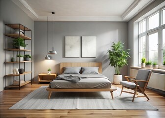 Minimalist Scandinavian-style bedroom features a sleek wooden platform bed, light gray walls, and modern ergonomic