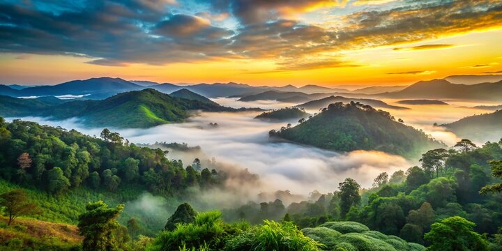 Misty morning sunrise over lush green forests and rolling hills of Eastern Ghats mountain range, with foggy clouds