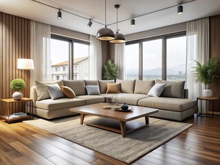 Fototapeta premium Modern, minimalist, and budget-friendly living room set featuring sleek sectional sofa, coffee table, and rug in a