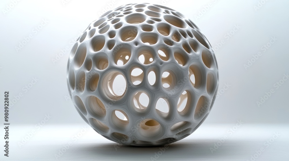 Poster abstract spherical sculpture with intricate hollow patterns.