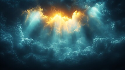 Fototapeta premium Rays of light pierce through dark storm clouds, creating a dramatic and hopeful scene.