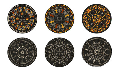 Set of African decorative elements. Round ornament pattern. Ethnic carpets, rugs, napkins. Collection of mandalas in tribal style. Tribal design.