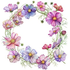 Colorful Floral Wreath with Pastel Cosmos Flowers and Greenery on White Background