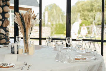 Wedding Banquet Hall, set tables with white tablecloths