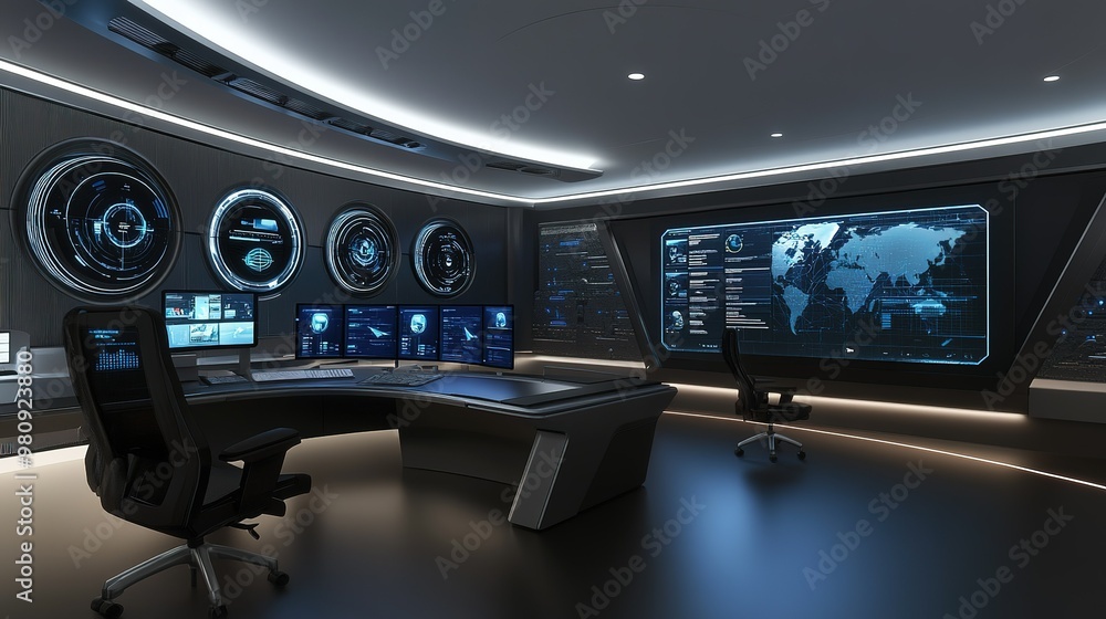 Poster modern command center with advanced technology displays and multiple workstations for data analysis 