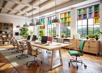 Fototapeta premium Modern, well-lit university interior design studio with sleek wooden desks, ergonomic chairs, and colorful textile