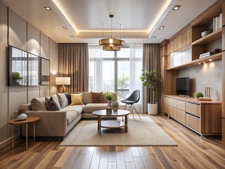 Fototapeta premium Modern 2 bedroom hall kitchen apartment interior design features sleek beige walls, wooden flooring, minimalist decor,