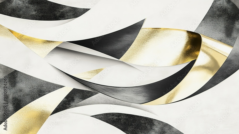 Poster abstract design featuring flowing black and gold curves on a light background with sharp contrasts h