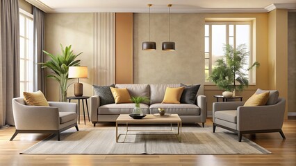 Fototapeta premium Modern 2-tone living room features sleek grey and cream-colored furniture, including a sofa, armchair, and coffee